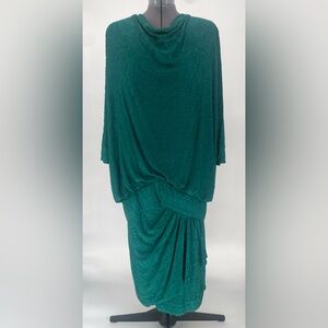 1980s Damianou Emerald Green Drop Waist Draped Cowl Neck Formal Dress